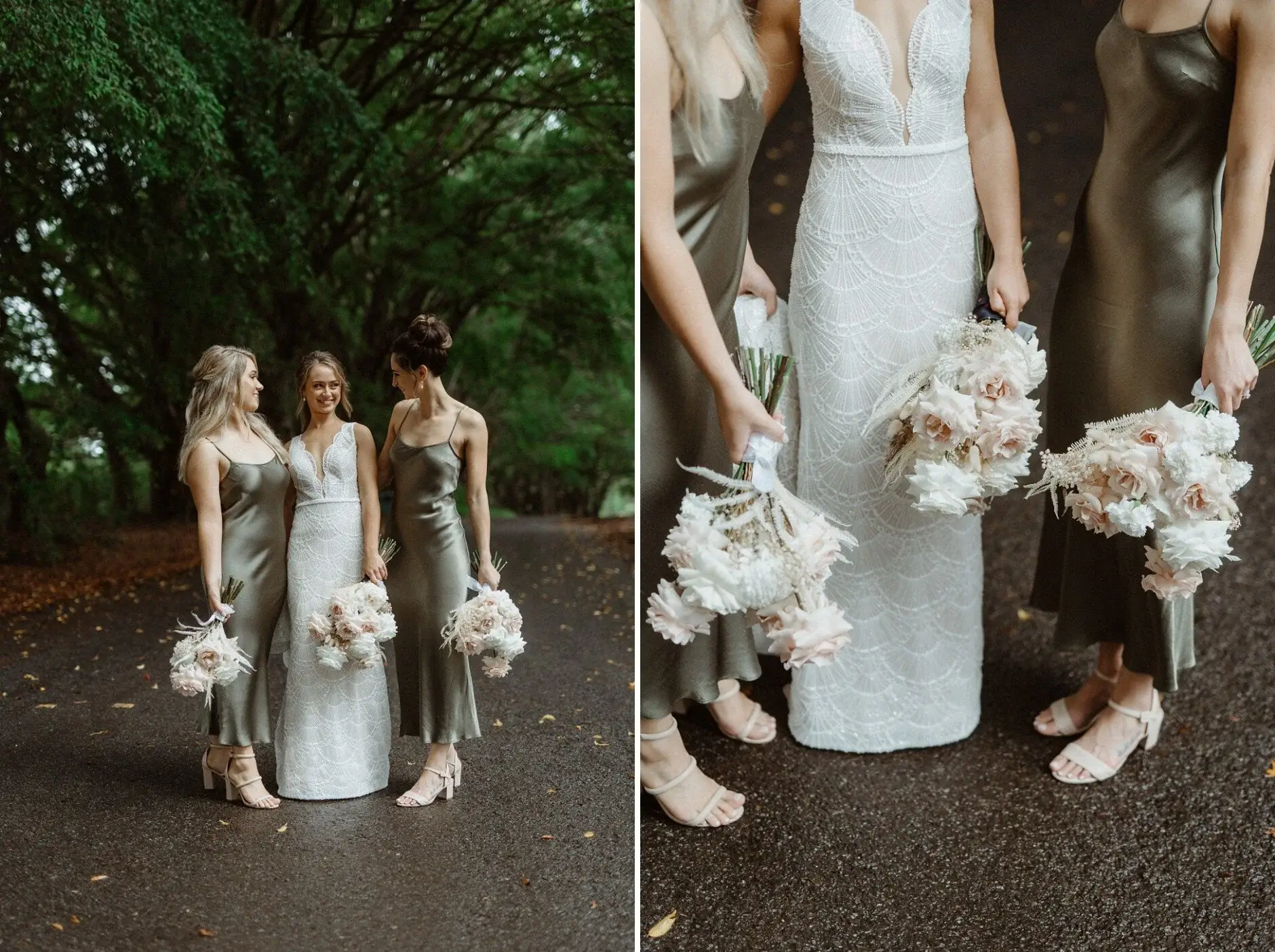The bridesmaids beside Breanna, and a detail of the bouquets against her gown, Byron Bay