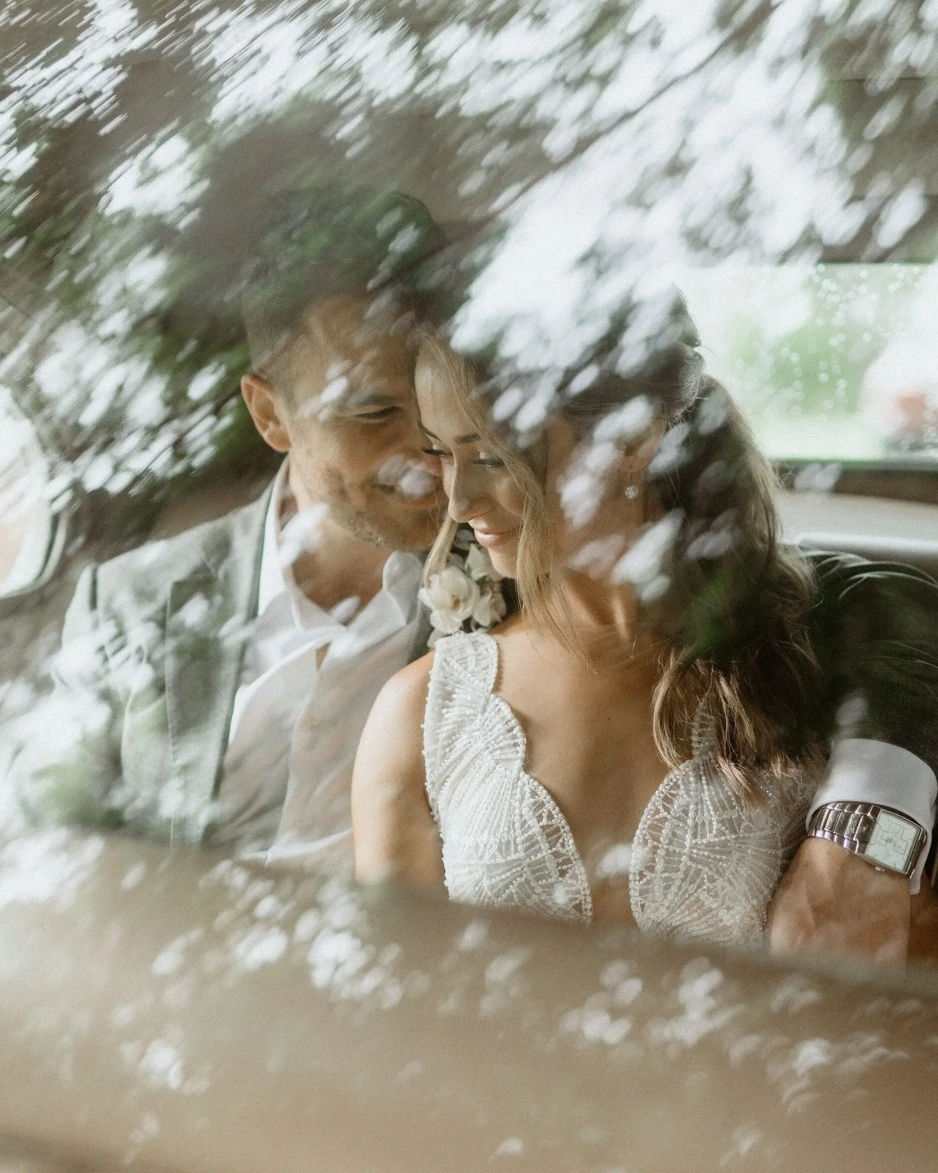 Breanna seen through the rain-flecked car window, Byron Bay