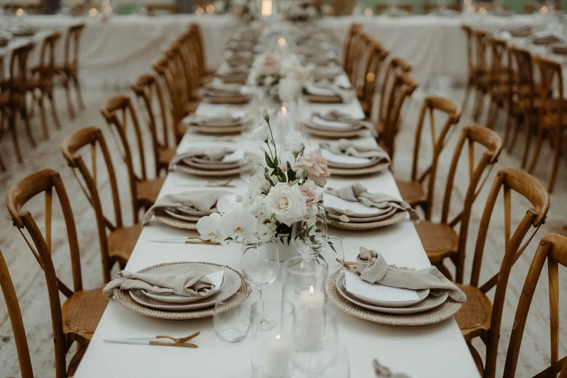 Place settings and greenery running the length of the table, Byron View Farm