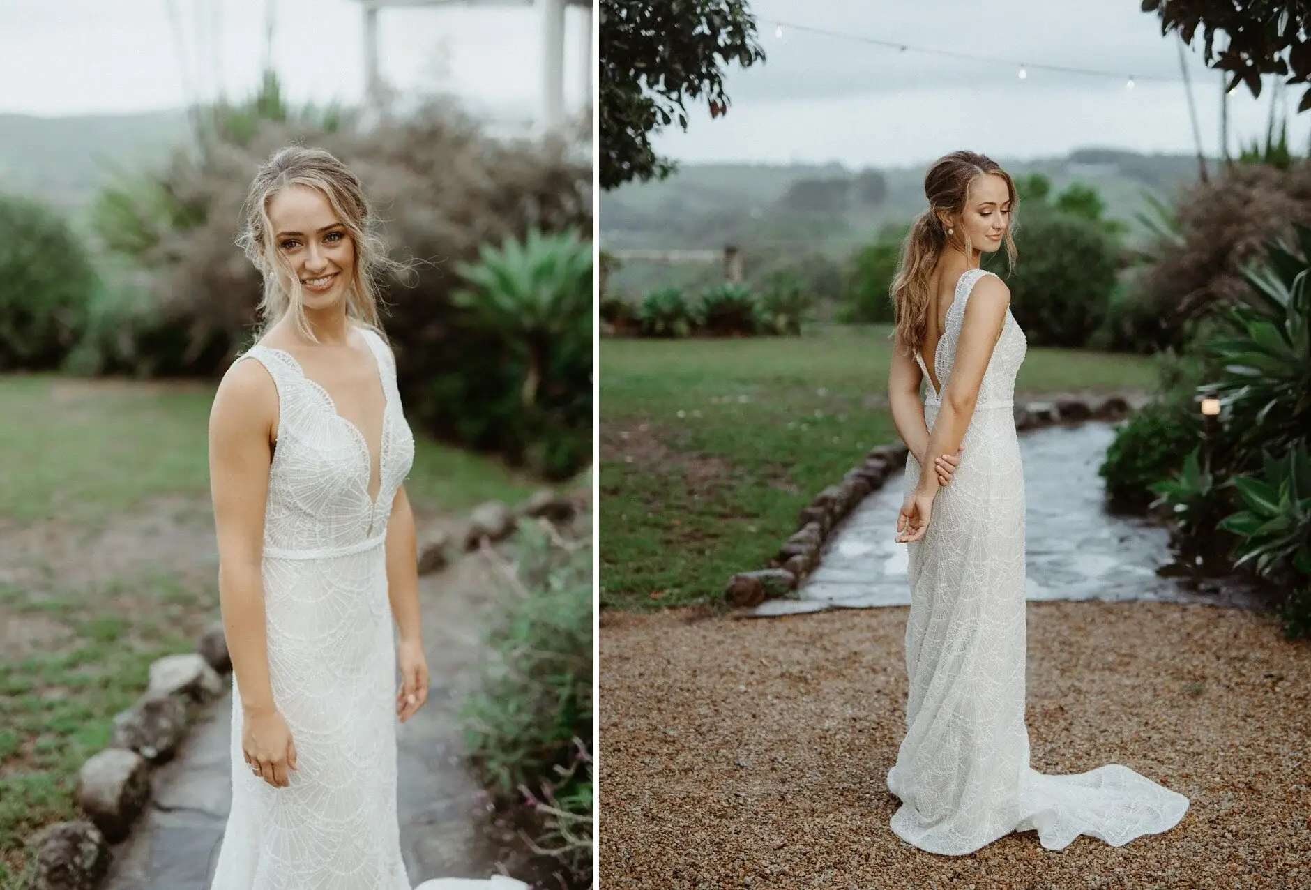 Two frames of Breanna outside the farmhouse in the rain, Byron View Farm