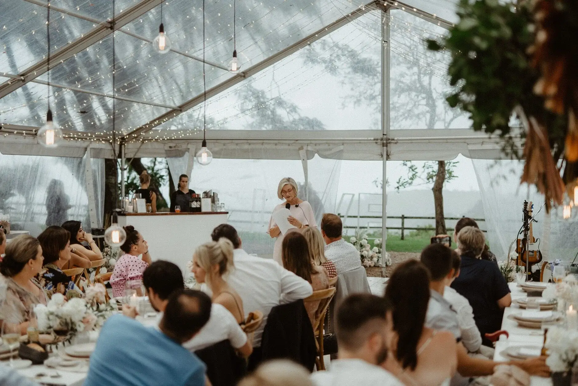 The reception in full swing at the long tables, Byron View Farm