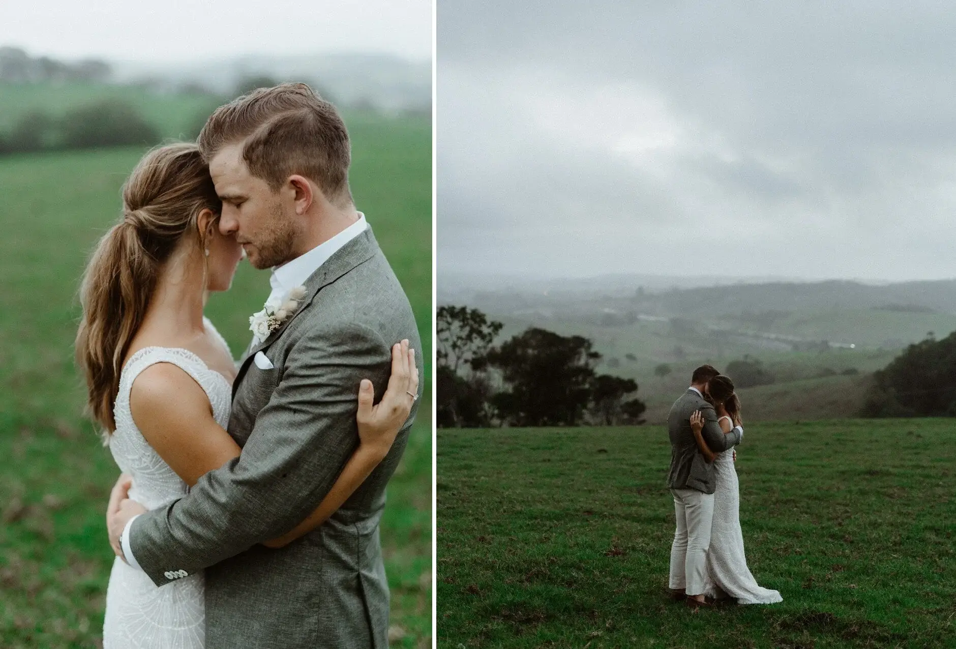 Two frames of Breanna and Matt together in the paddock at dusk, Byron View Farm