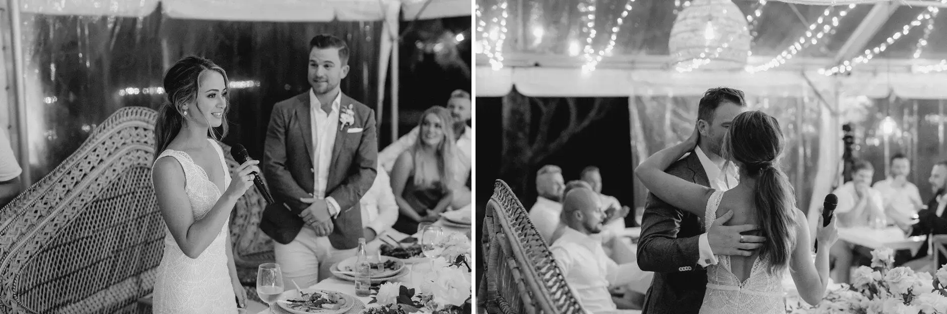 Two black-and-white frames from the speeches, Byron View Farm