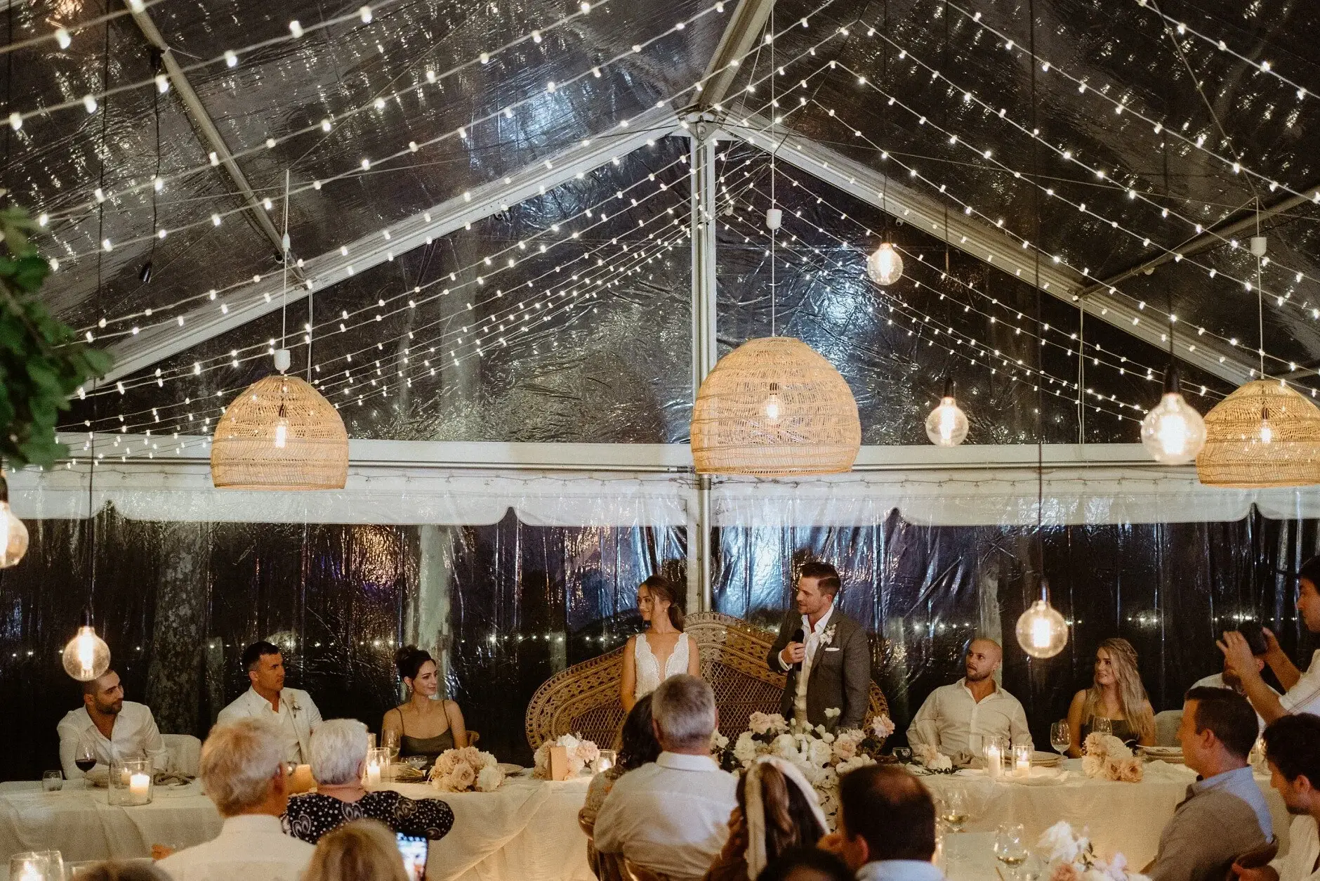 The reception from the side of the marquee at night, Byron View Farm