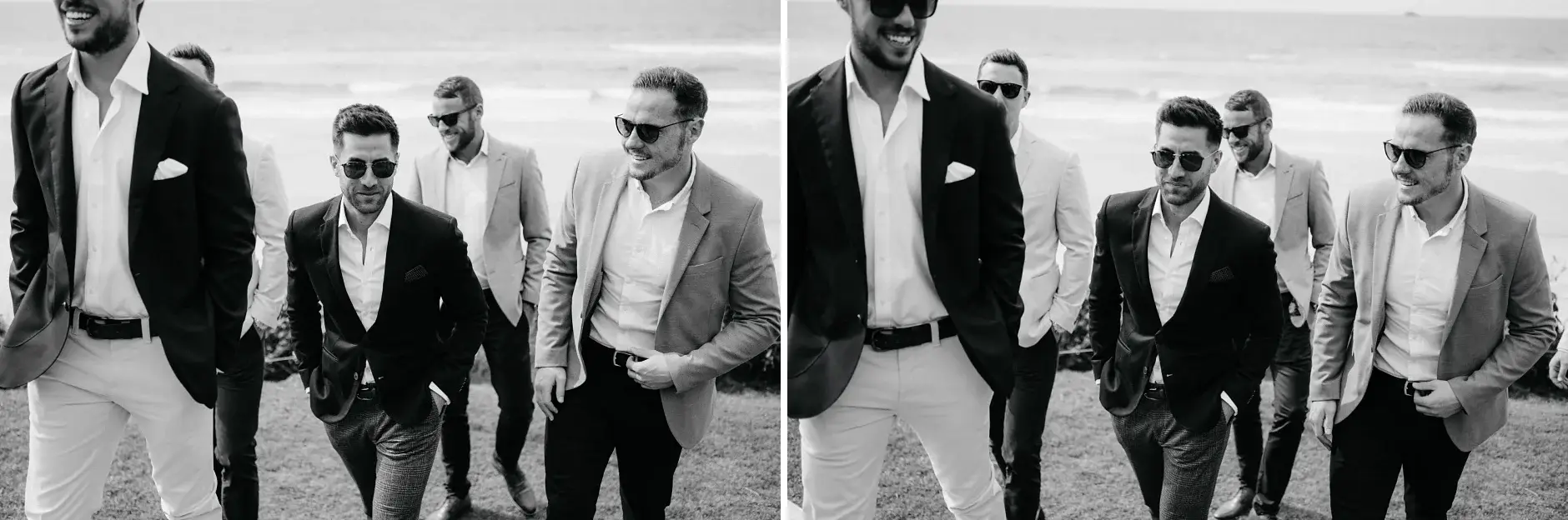 The groomsmen walking the lawn, two frames, black and white, Belongil