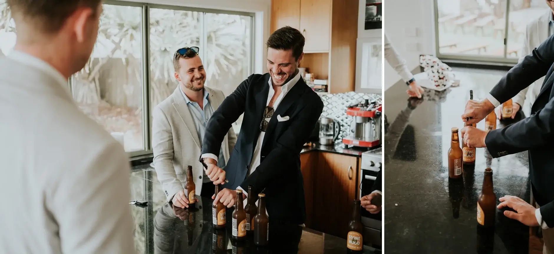 Jack and the boys laughing over a beer indoors, Belongil Beach