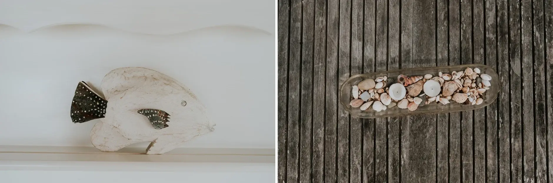 A shell ornament indoors, and a line of shells on the timber deck
