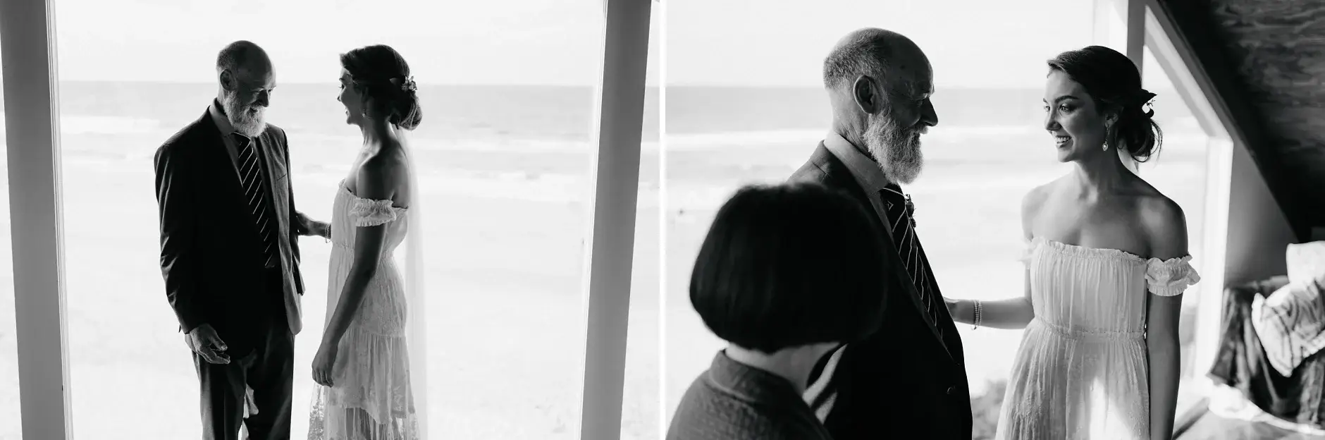 Cassie’s father and a buttonhole being pinned on, Belongil Beach