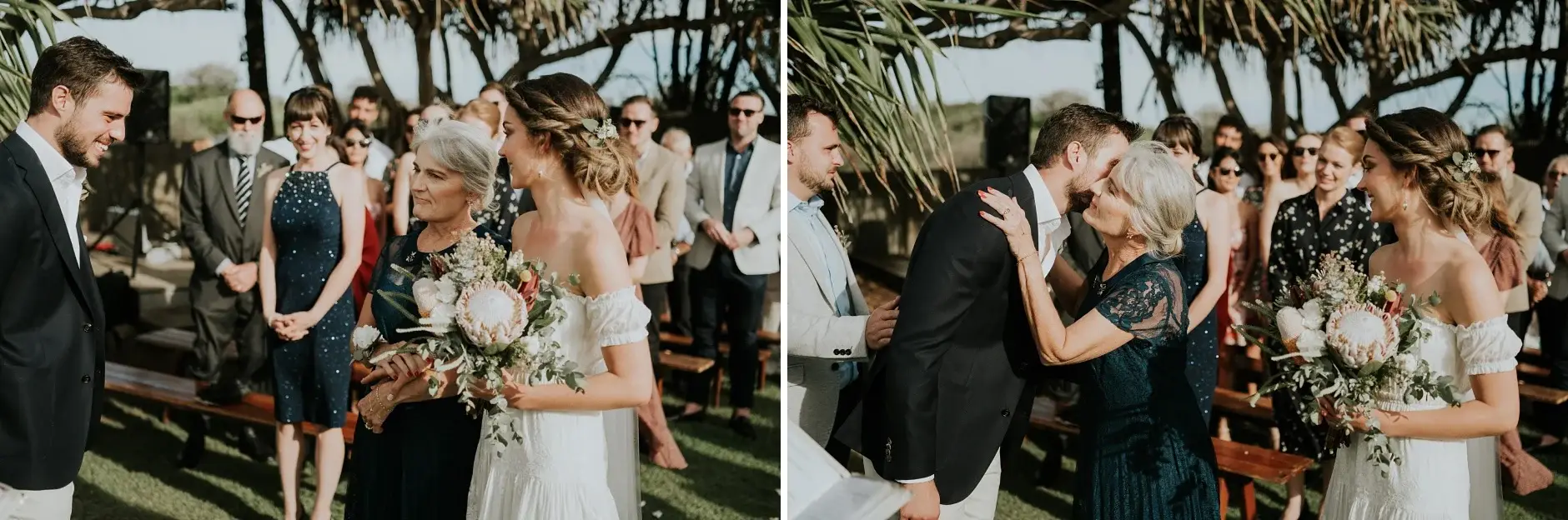 The ceremony framed by pandanus fronds above the beach, Belongil