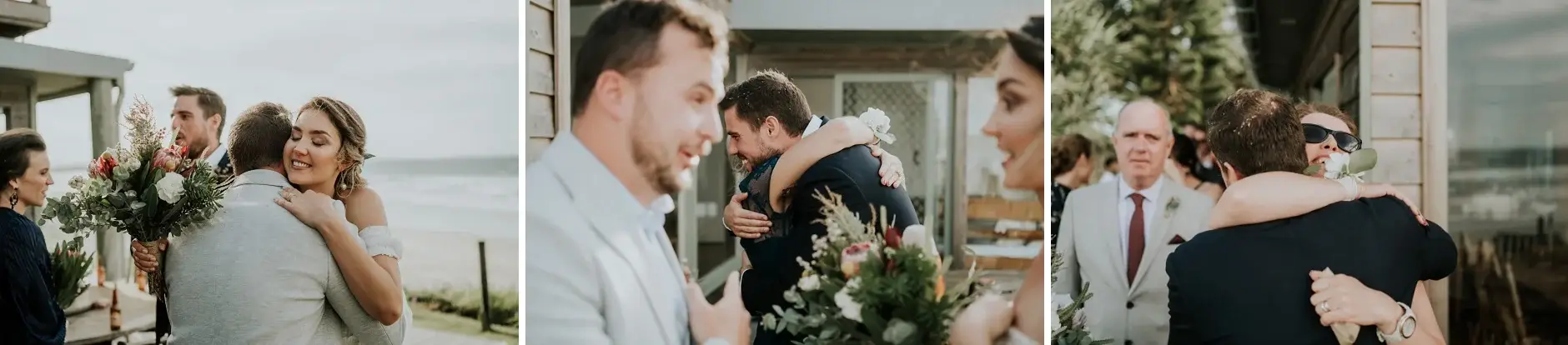 Guests embracing Cassie and Jack, three frames, Belongil Beach