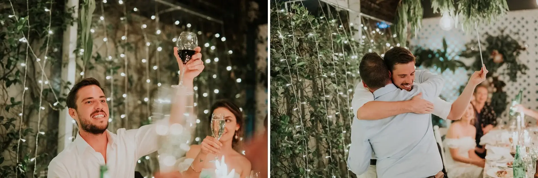 A guest giving a speech to the room, two frames, Belongil Beach