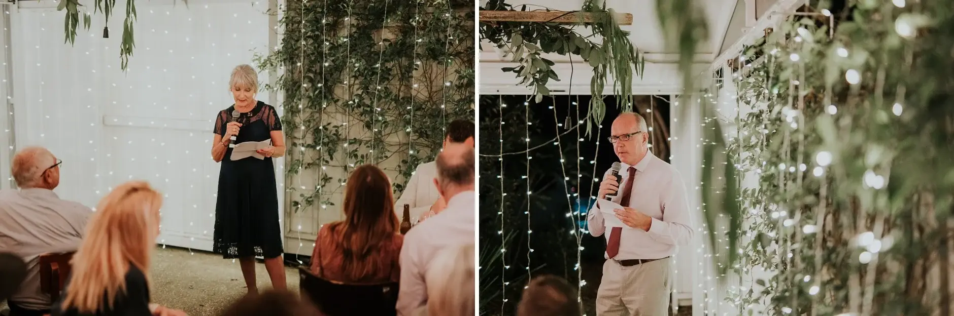 Guests laughing during the speeches, two frames, Belongil Beach