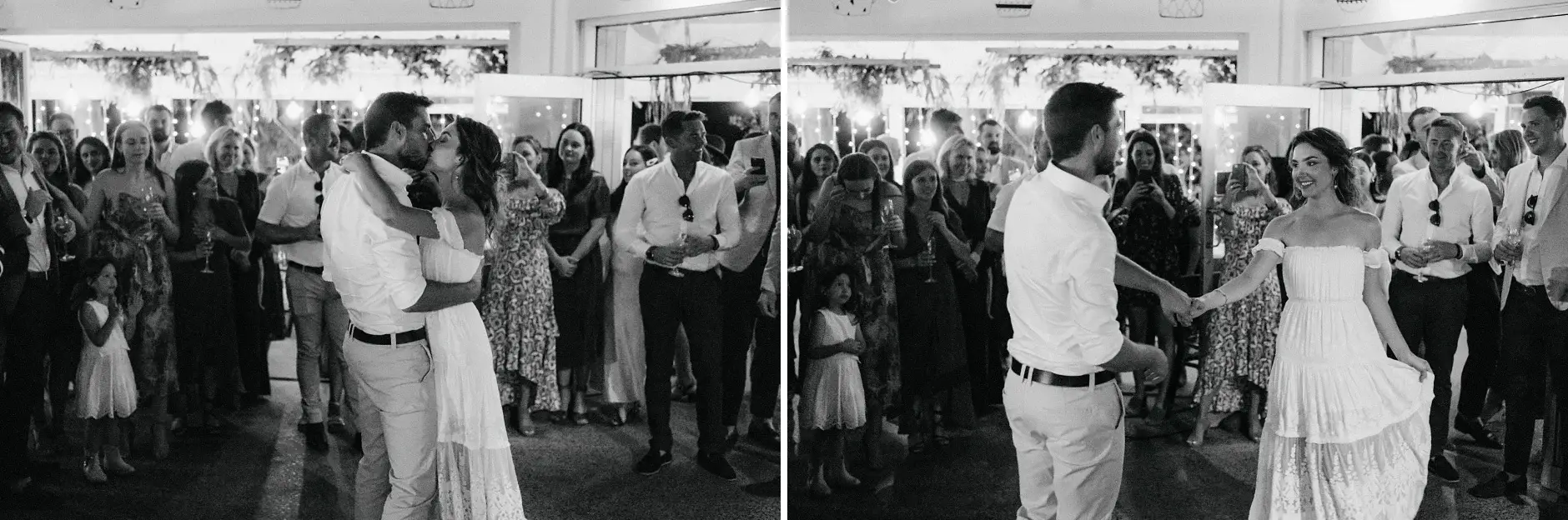 Cassie and Jack dancing, three frames, black and white, Belongil