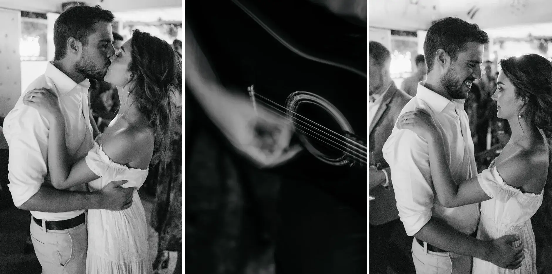 Dancing with guests around them, two frames, black and white