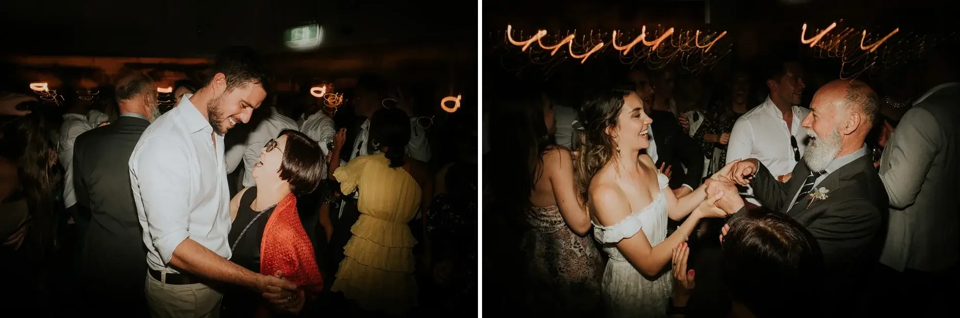 Guests dancing under light trails, two frames, Belongil Beach