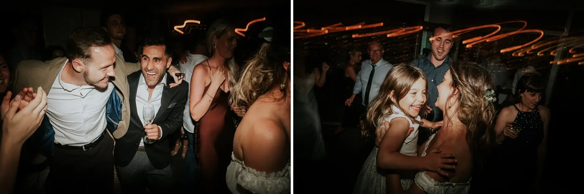 Guests dancing with light streaks around them, two frames, Belongil