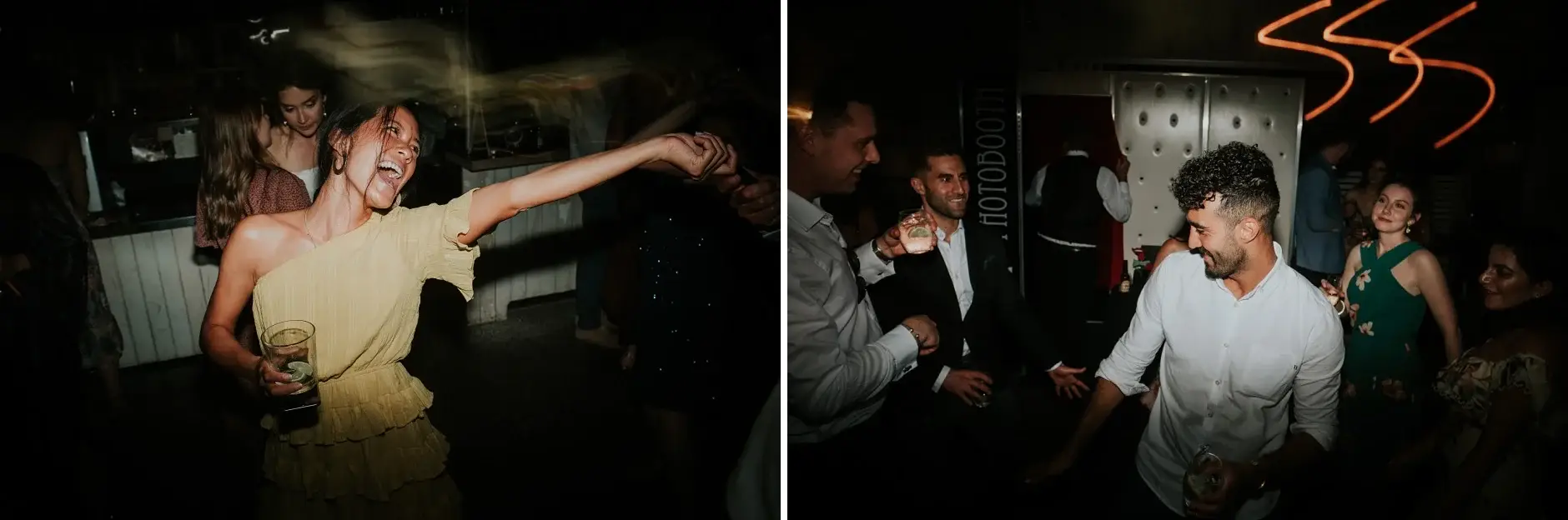 Cassie dancing with guests, two frames, Belongil Beach