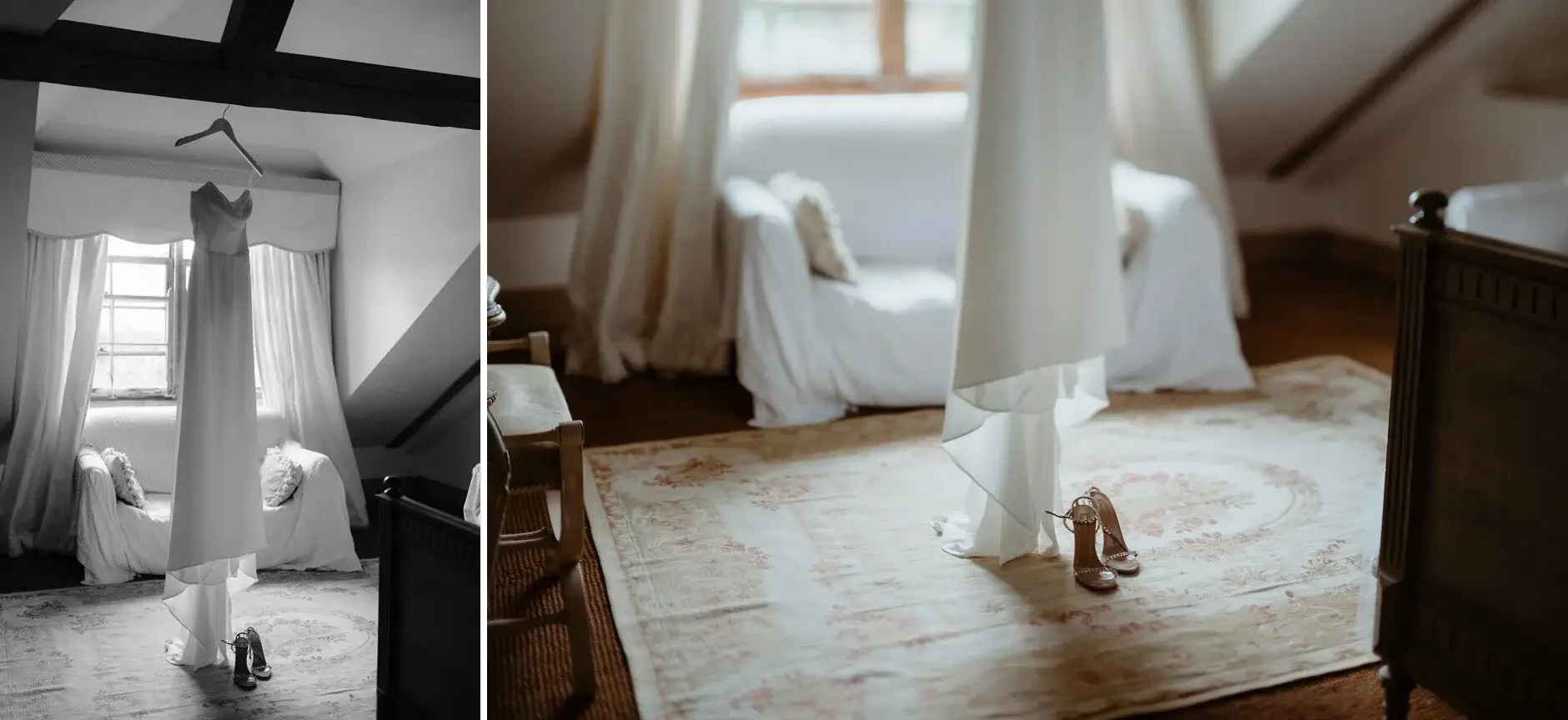 Maddie's wedding dress hanging in the light of an attic window, Deux Belettes