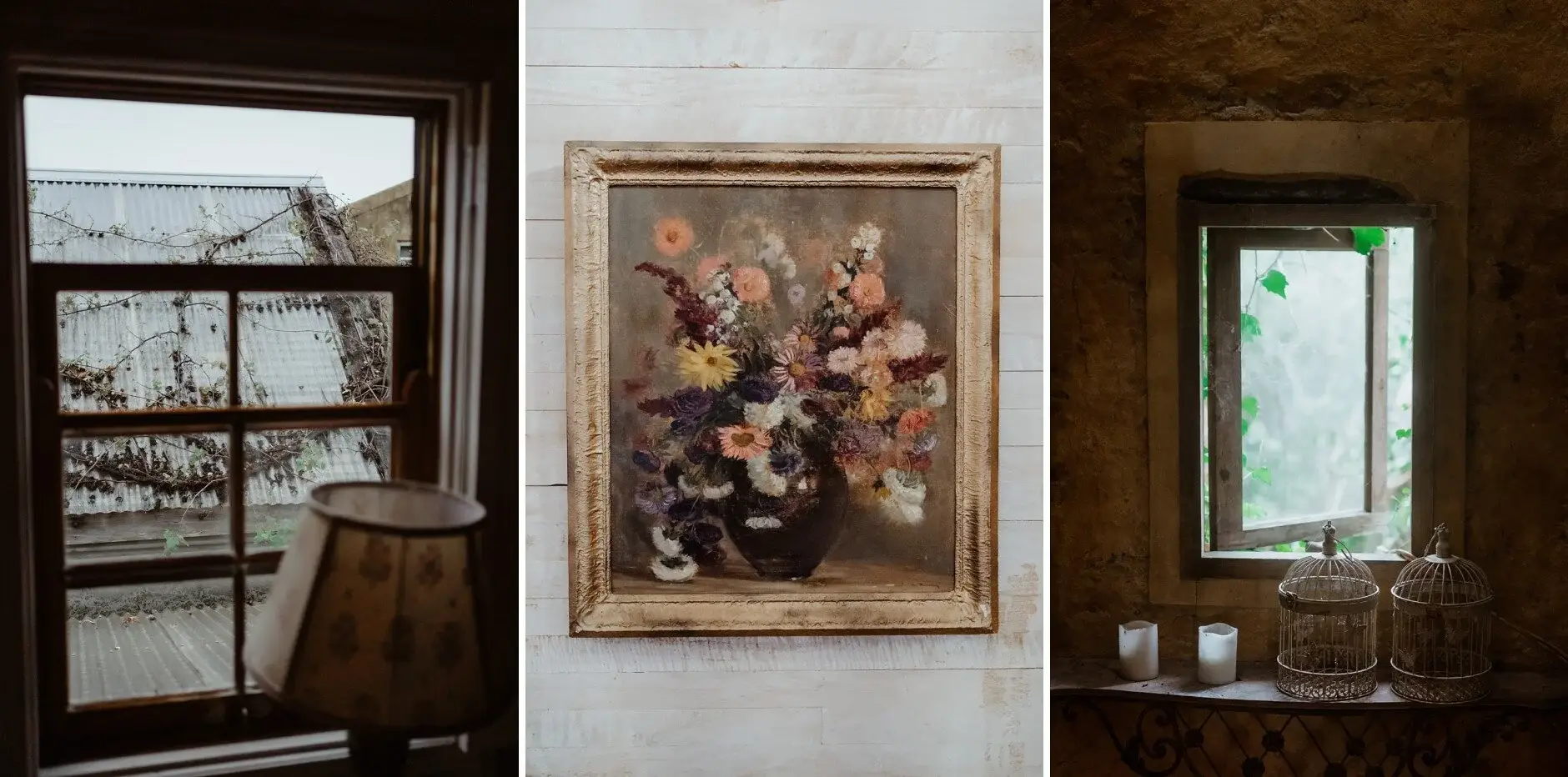 Interior details at Deux Belettes — the verandah window, a framed floral still life and candles by a stone window