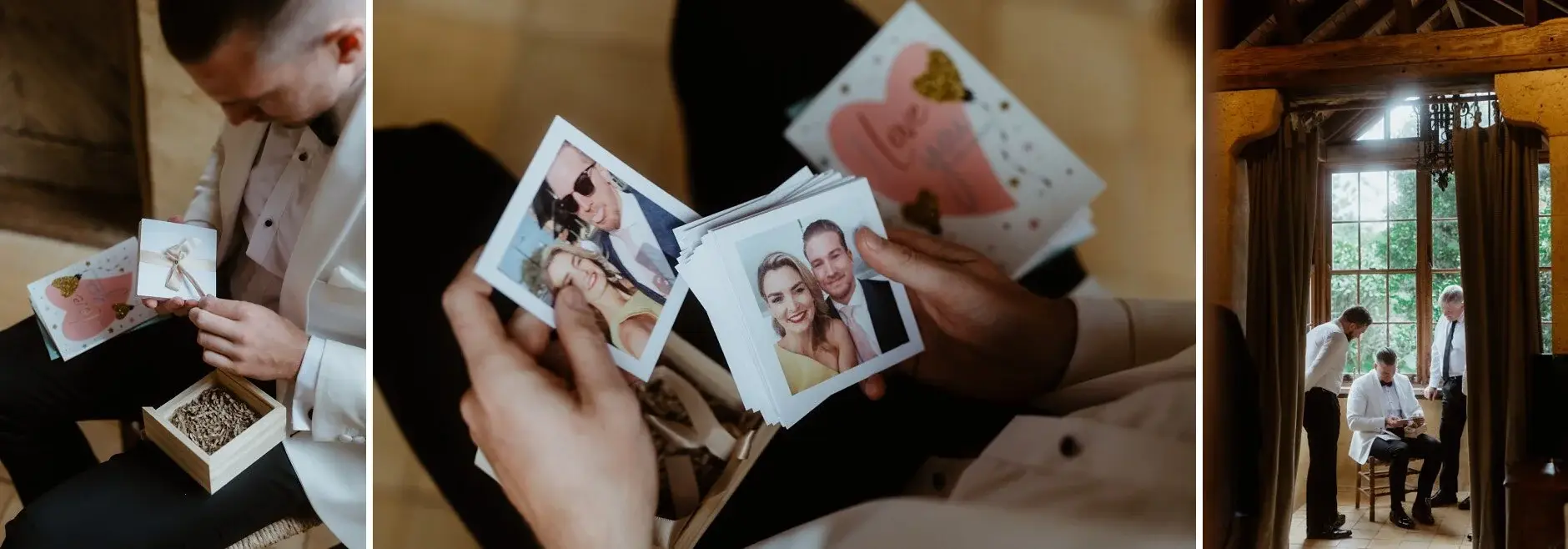 The groomsmen looking over old photographs together before the ceremony, Deux Belettes