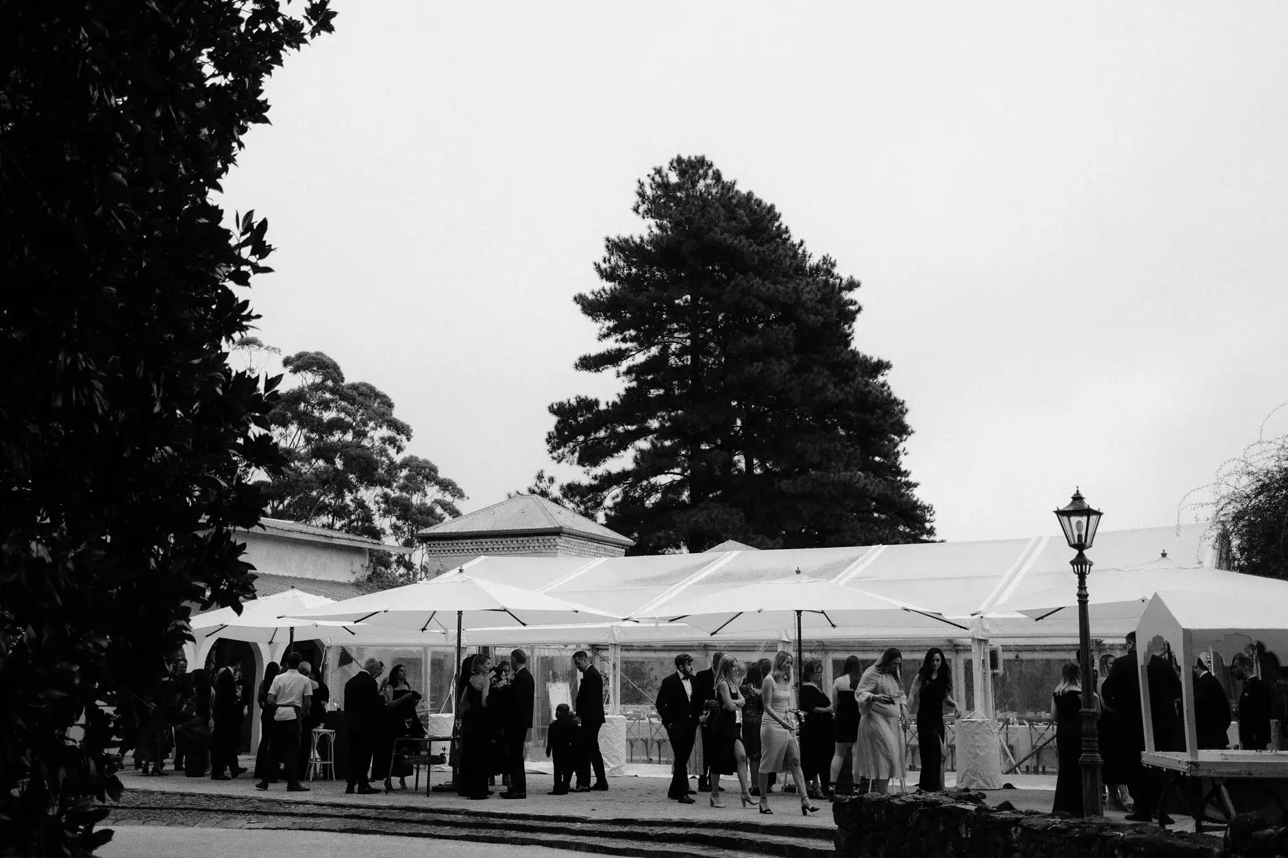 Guests gathering under the marquee on the lawn, Deux Belettes