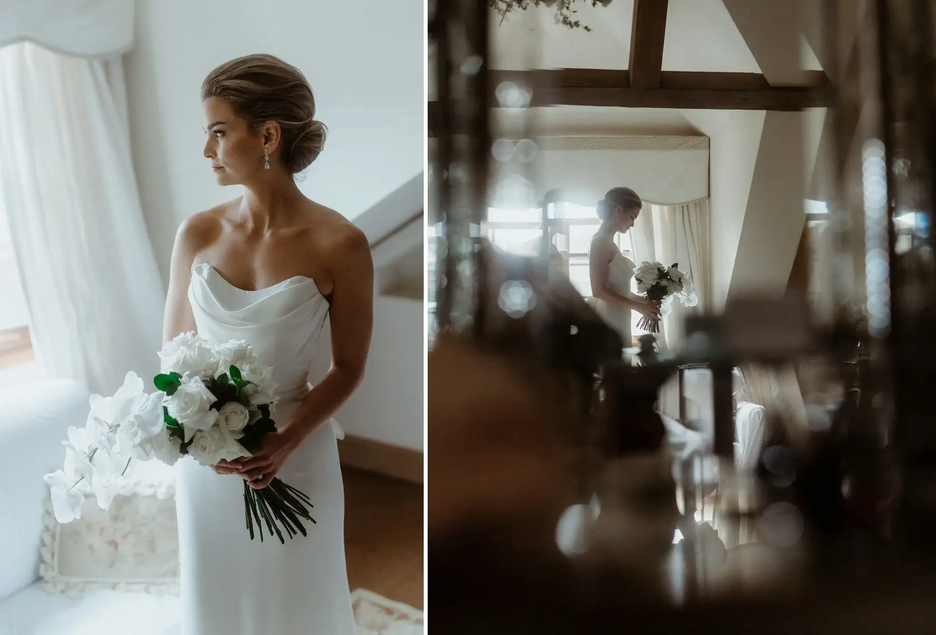 Maddie with her bouquet in the window light, Deux Belettes
