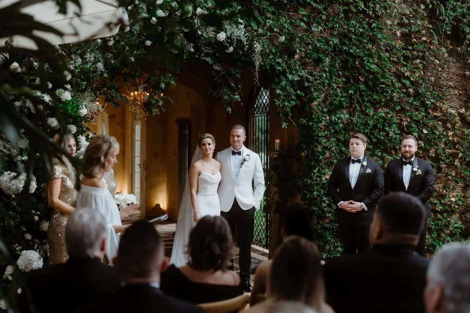 Maddie and John exchanging vows in front of their guests, Deux Belettes