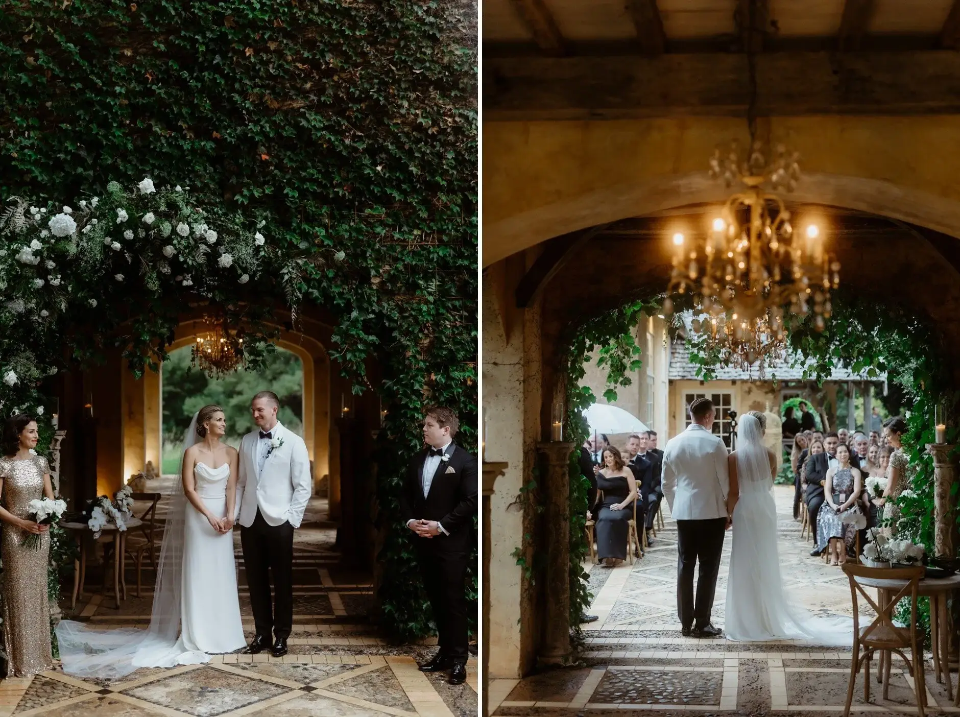 Maddie and John beneath the ivy archway and chandelier after the ceremony, Deux Belettes