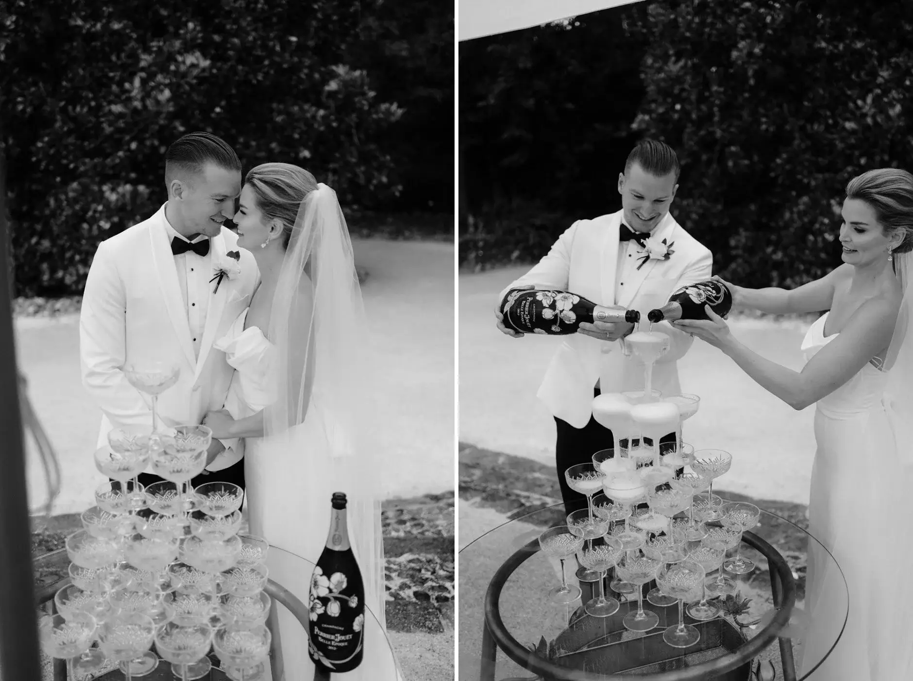 Pouring the champagne tower after the ceremony, Deux Belettes