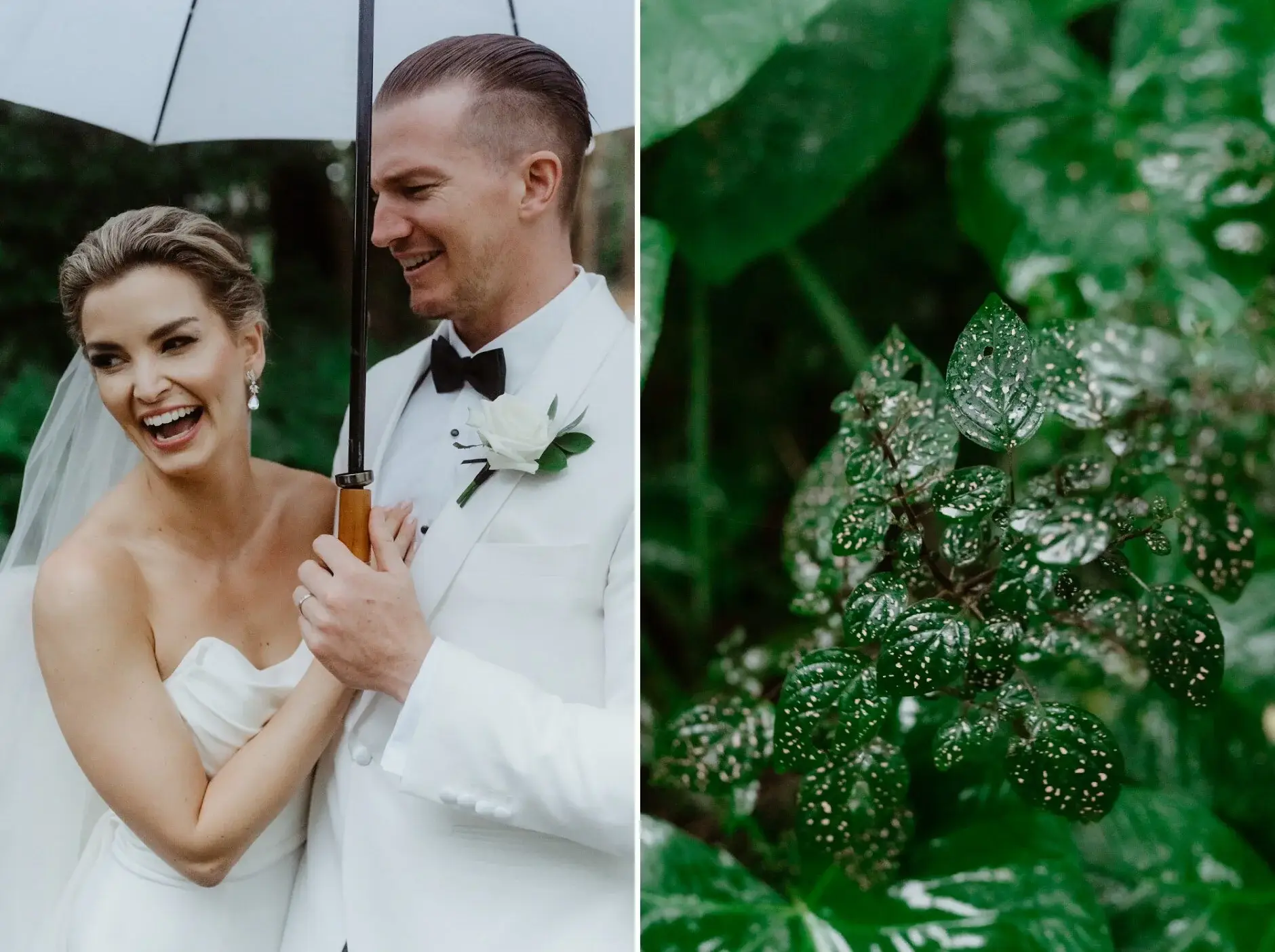 Maddie and John laughing in the rain, and the wet subtropical garden, Deux Belettes