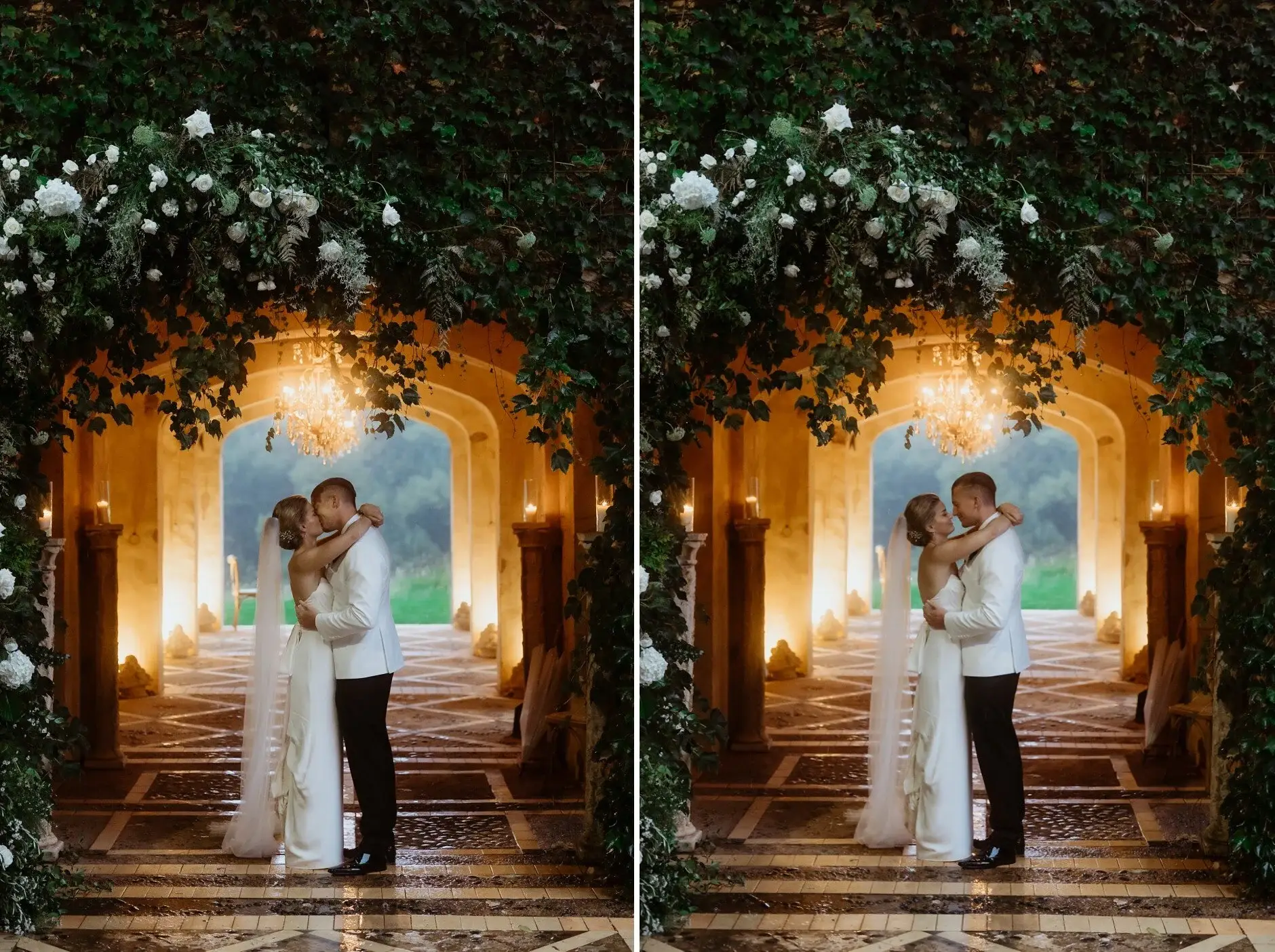Maddie and John under the lit archway at dusk, Deux Belettes
