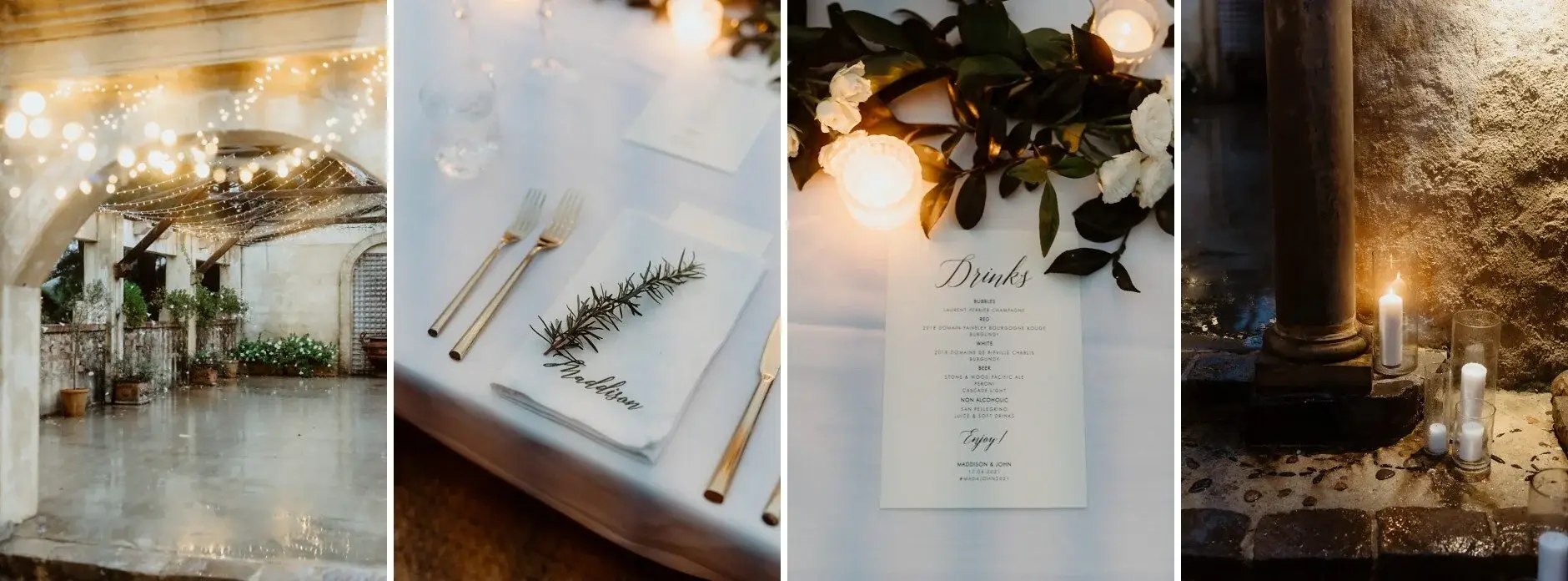 Reception details — the lit marquee, place settings, menu and candles, Deux Belettes