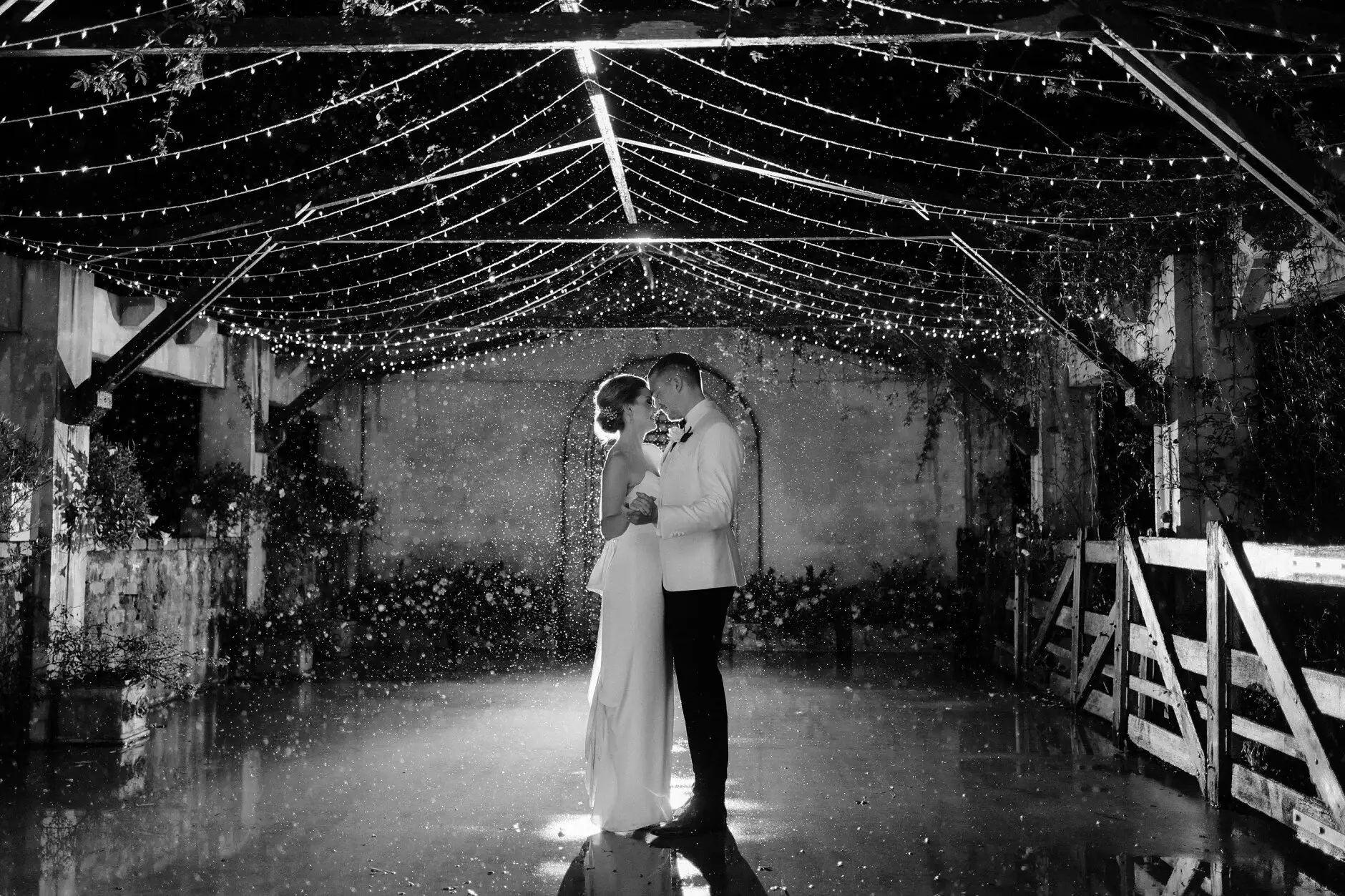 Maddie and John's first dance under the festoon lights, Deux Belettes