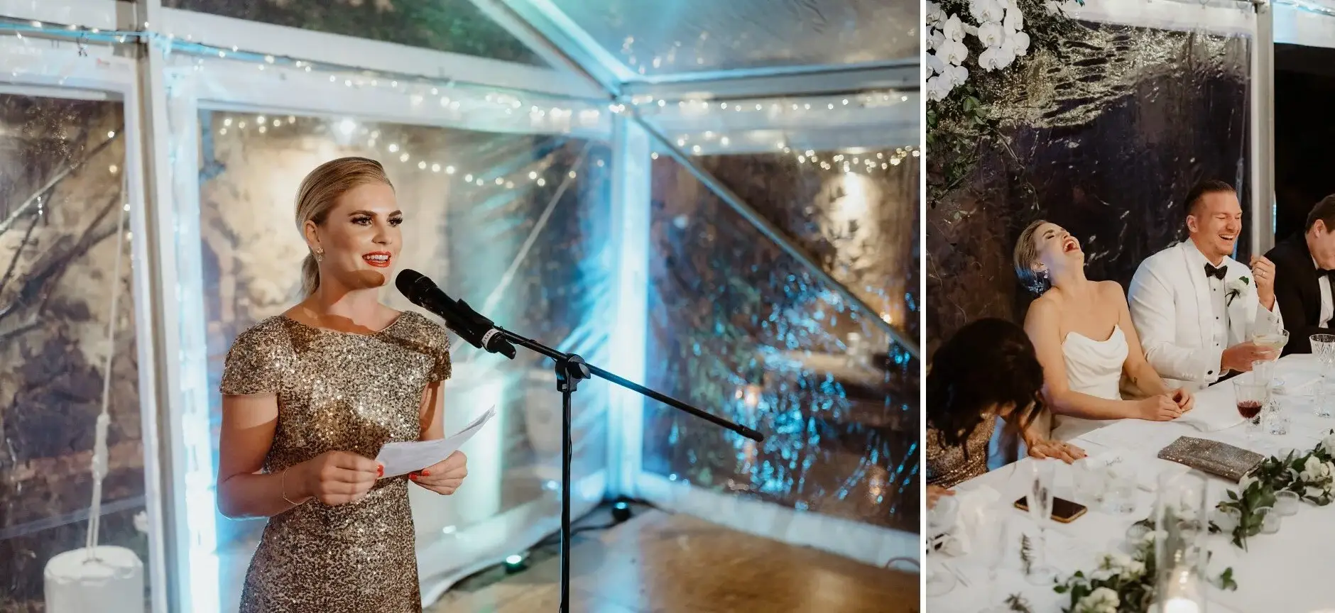 A speech at the microphone during the reception, Deux Belettes