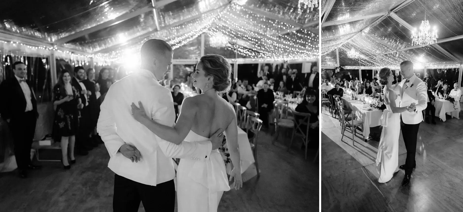 Dancing under the festoon lights of the marquee, Deux Belettes