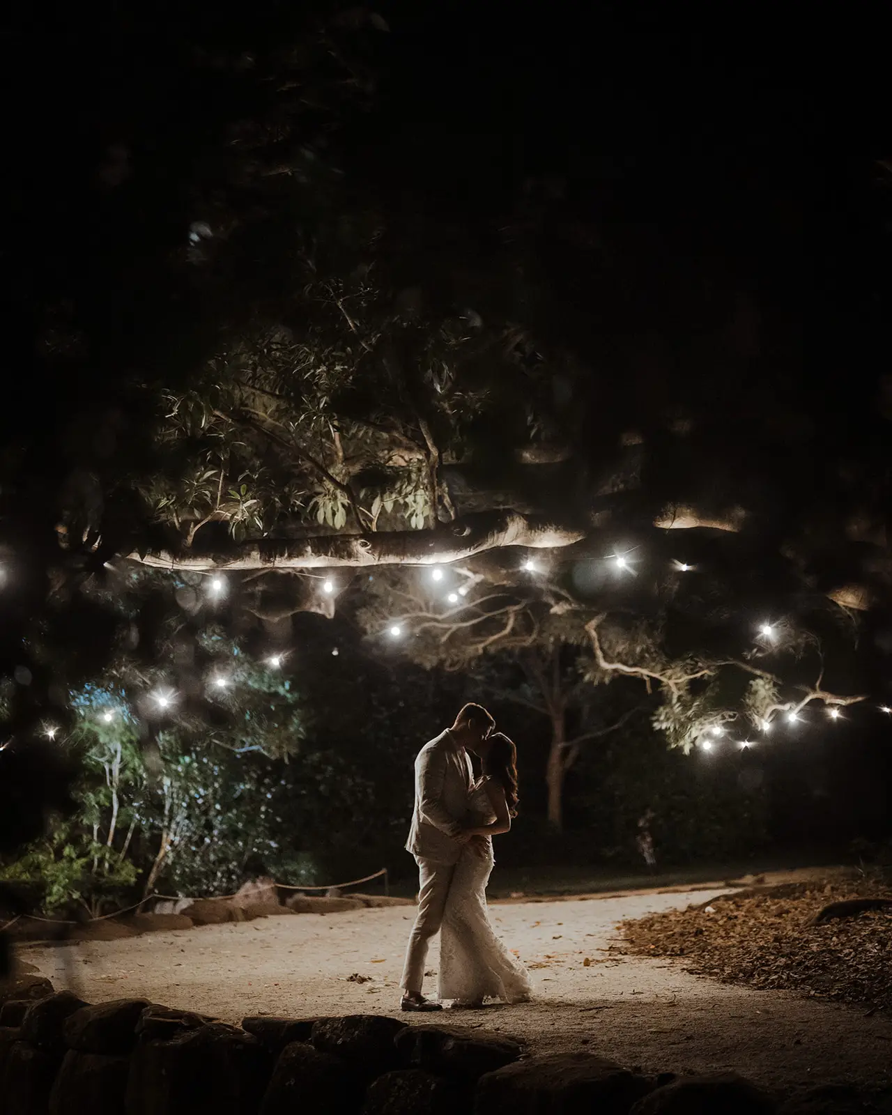The garden lit with festoons after dark, EarthHouse
