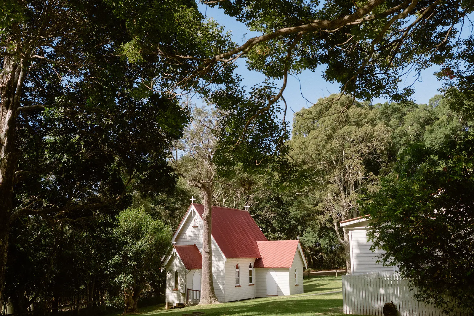 St Columba's church and the hall among the big trees, Ewingsdale
