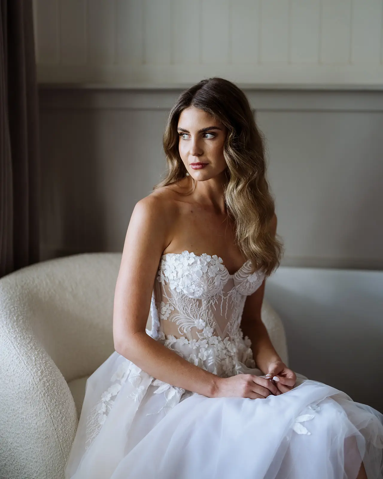 Letitia seated in her dress before the ceremony, Byron Bay