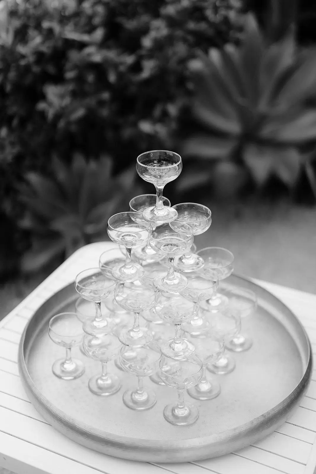 A champagne tower on a tray at the reception, Fig Tree Restaurant