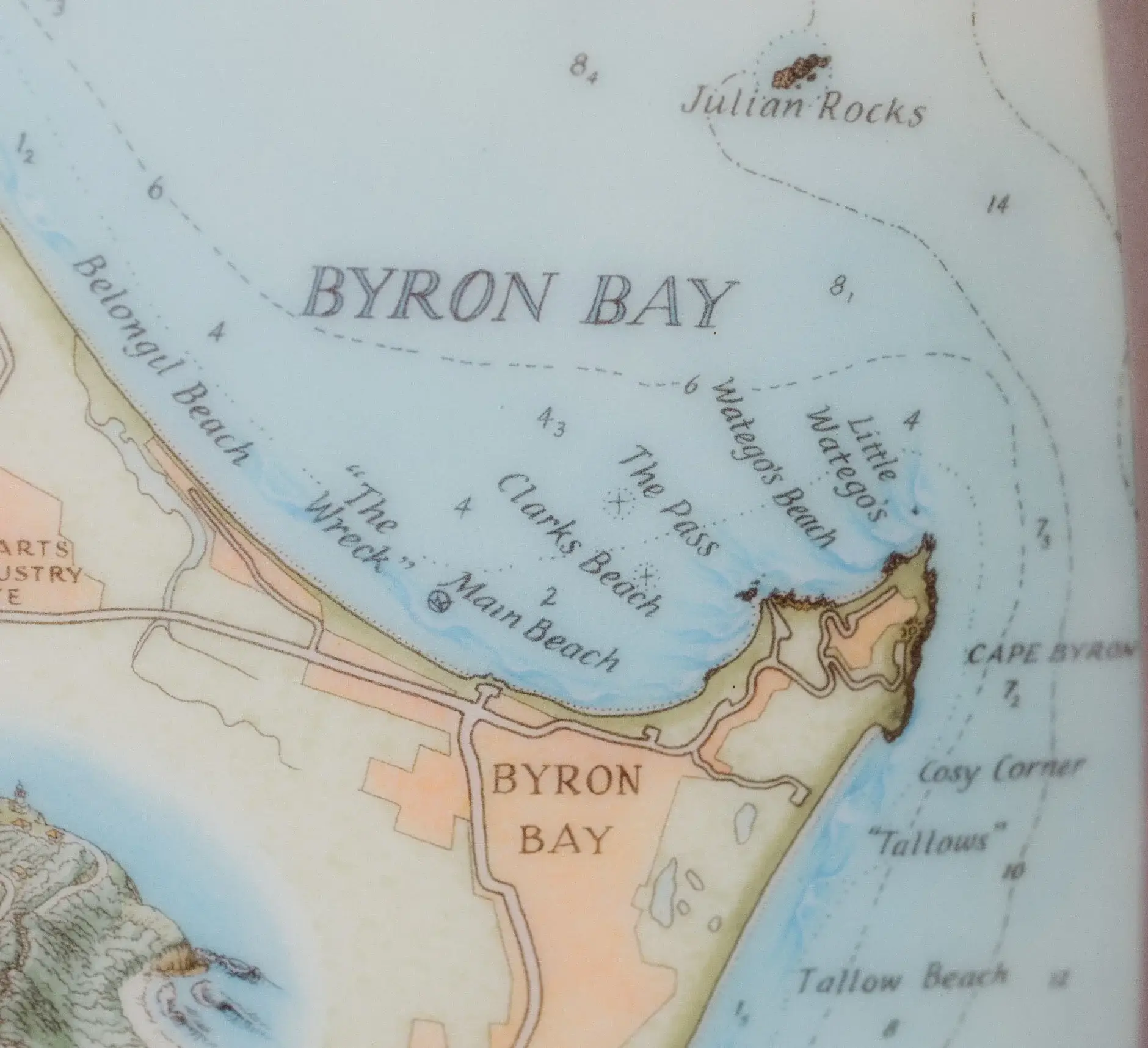 A vintage nautical chart of Byron Bay showing Julian Rocks, The Pass and Wategos