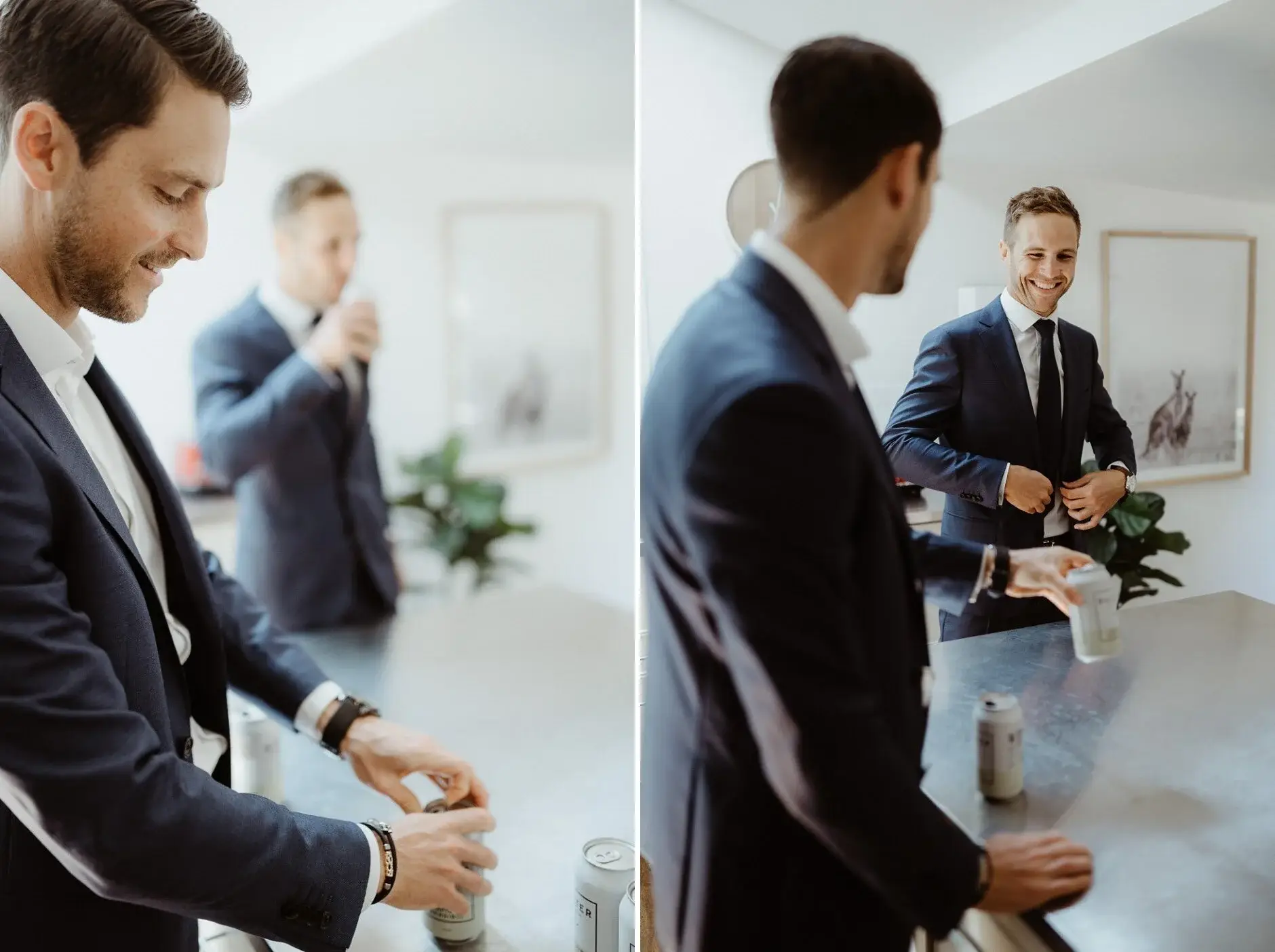 The groomsmen opening cans in the kitchen before the ceremony