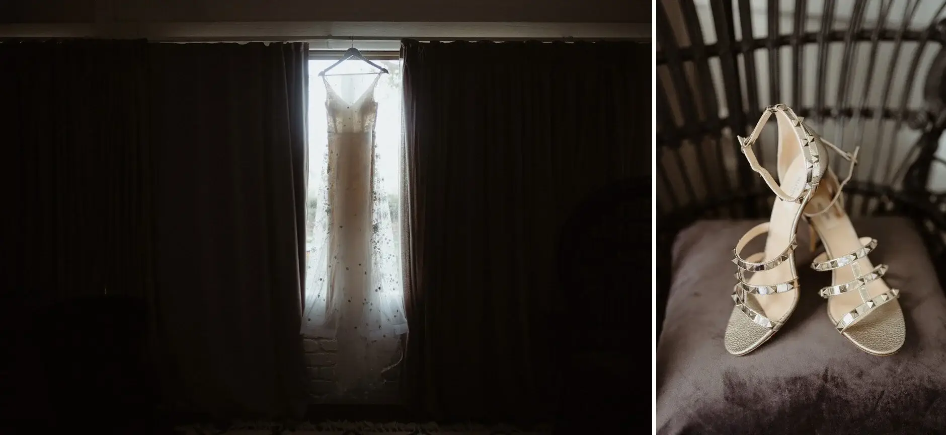 Em’s gown hanging in the doorway, and her studded heels on a cushion