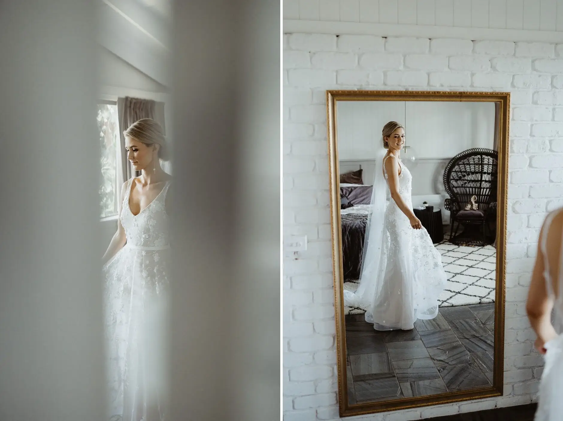 Em in her gown reflected in the leaning mirror, Byron Bay
