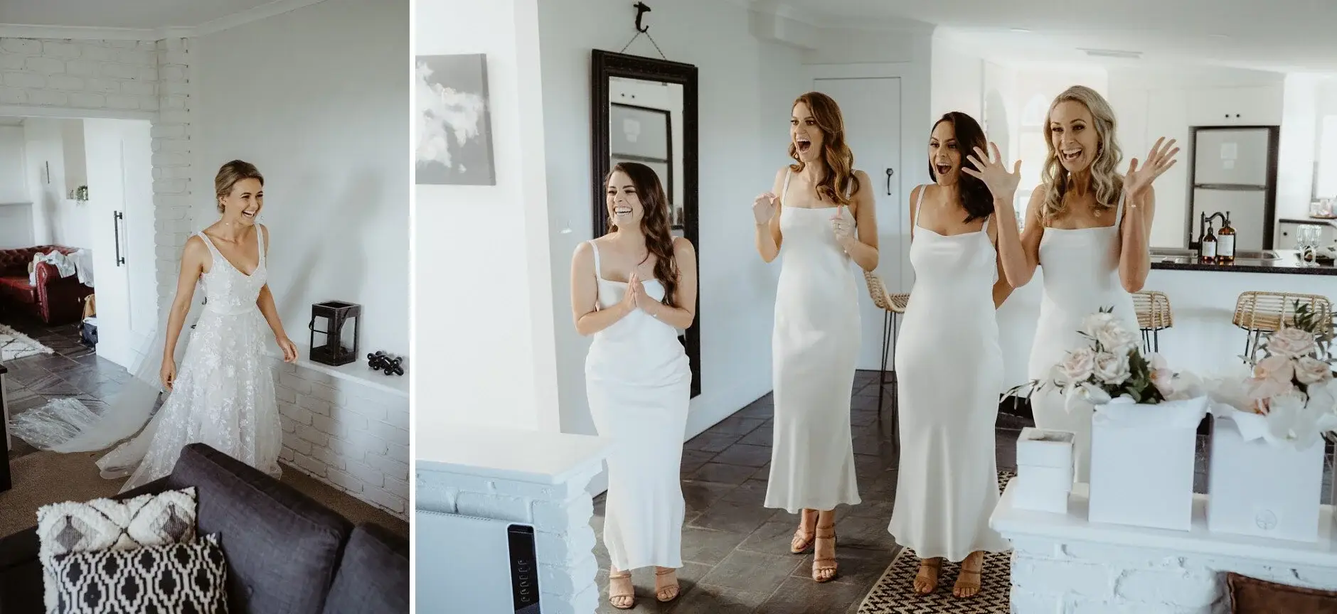 Em and her bridesmaids getting ready in the room, Byron Bay