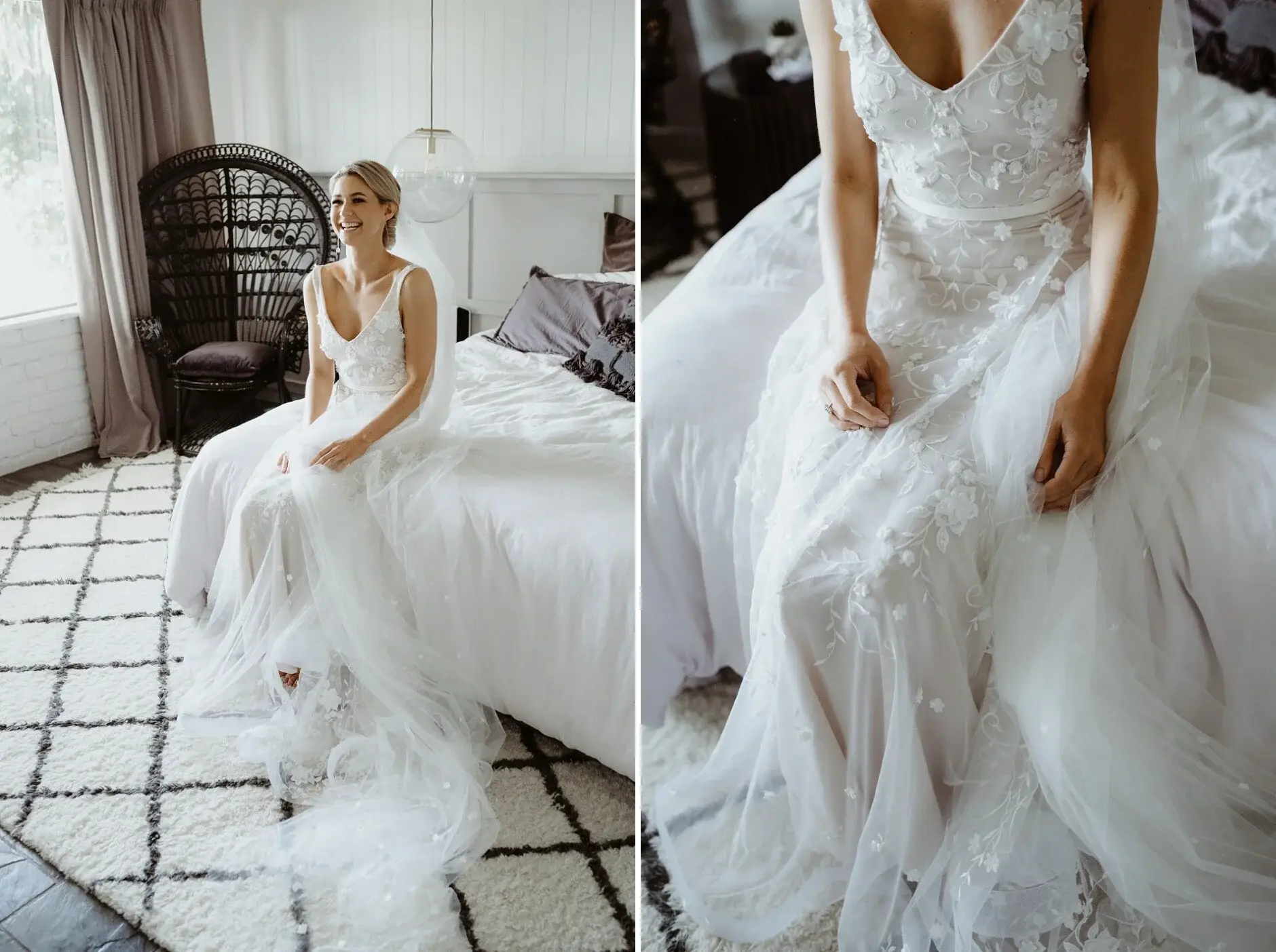 Em sitting on the bed in her gown, and a detail of the lace bodice