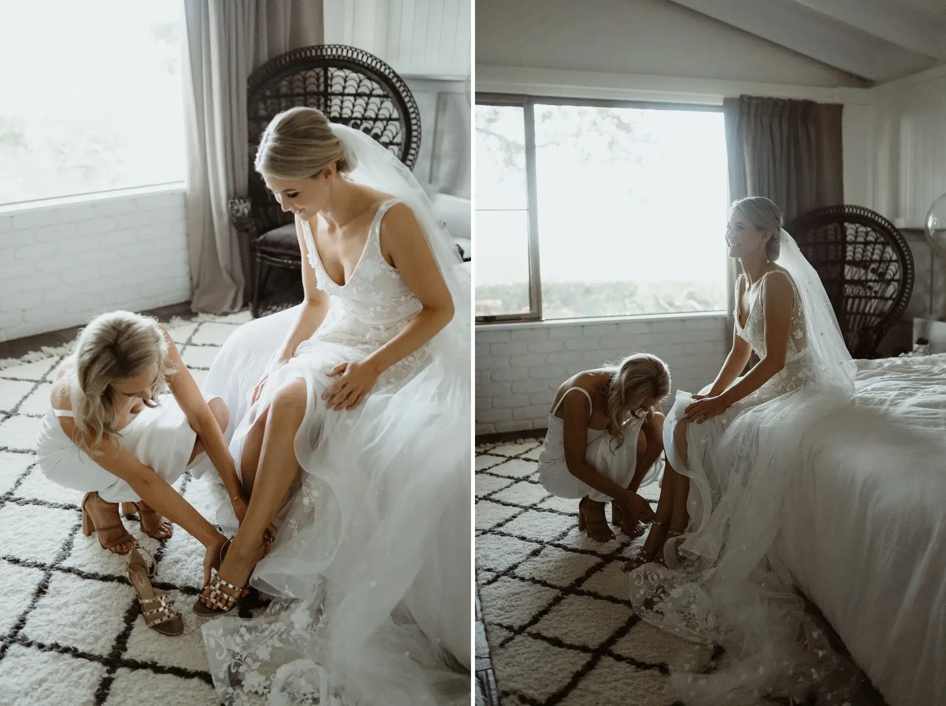 A bridesmaid fastening Em’s shoes before the ceremony, Byron Bay