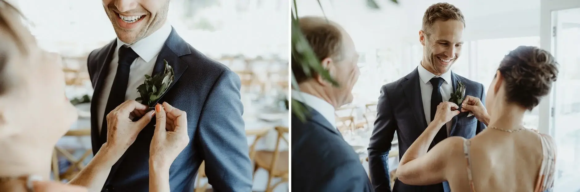 A buttonhole being pinned on, and Nev greeting a guest, Byron Bay