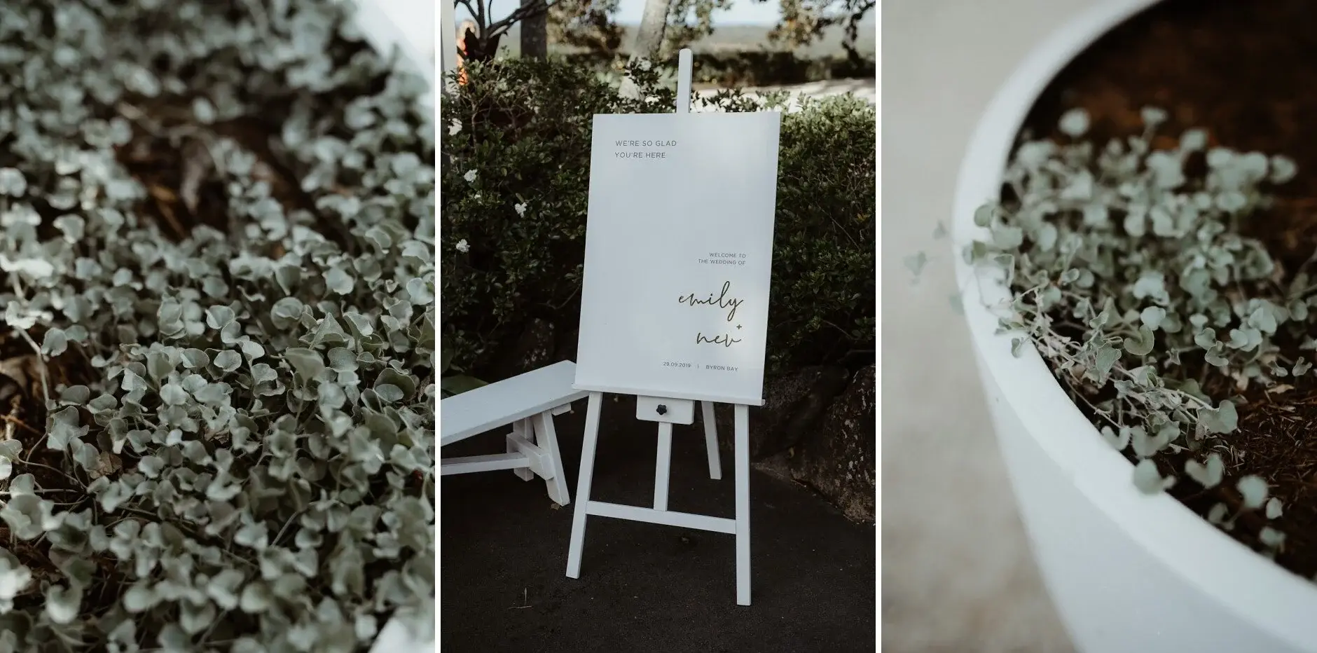 Silver foliage, the welcome sign on its easel, and a planter at the Fig Tree