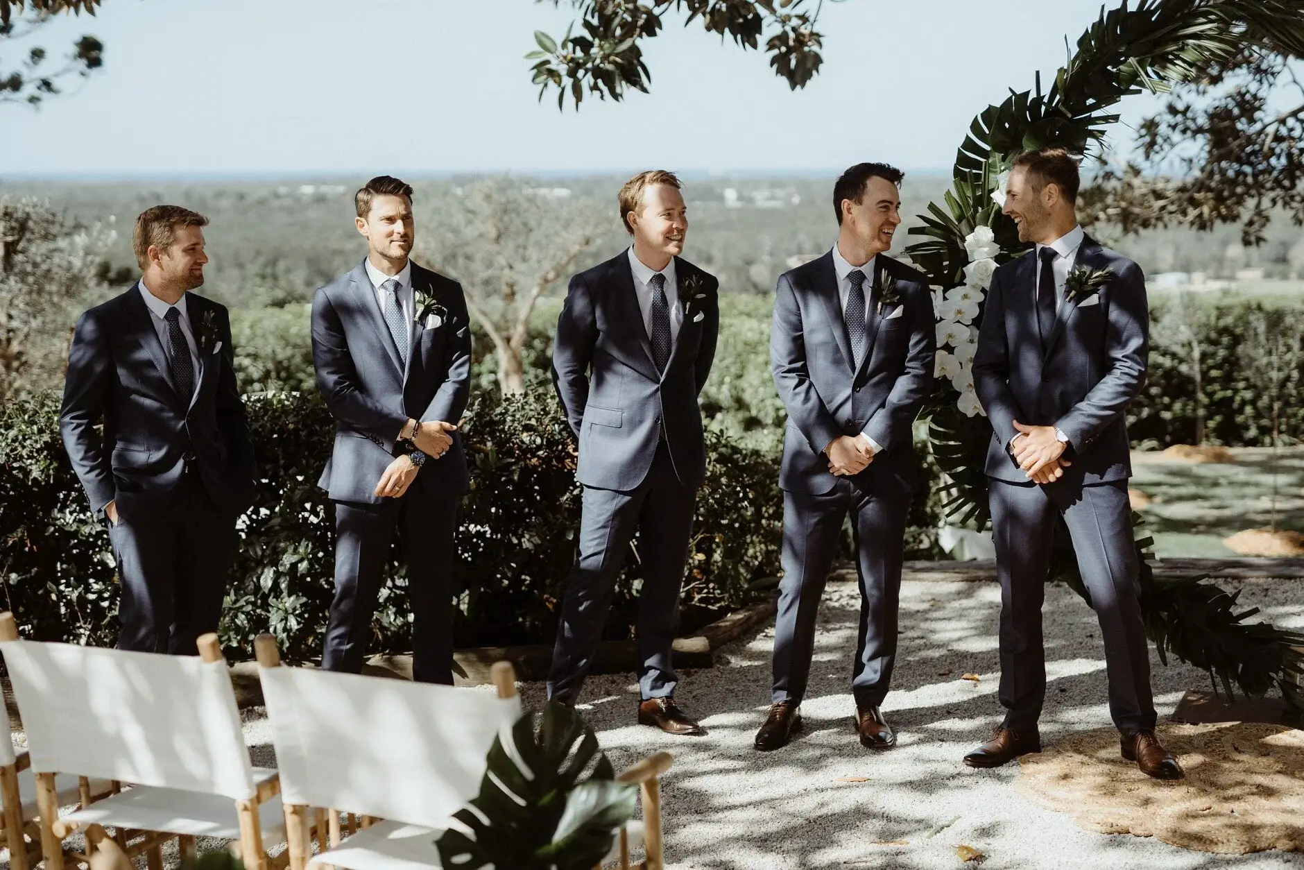 Nev and the groomsmen waiting at the top of the aisle, Fig Tree Restaurant