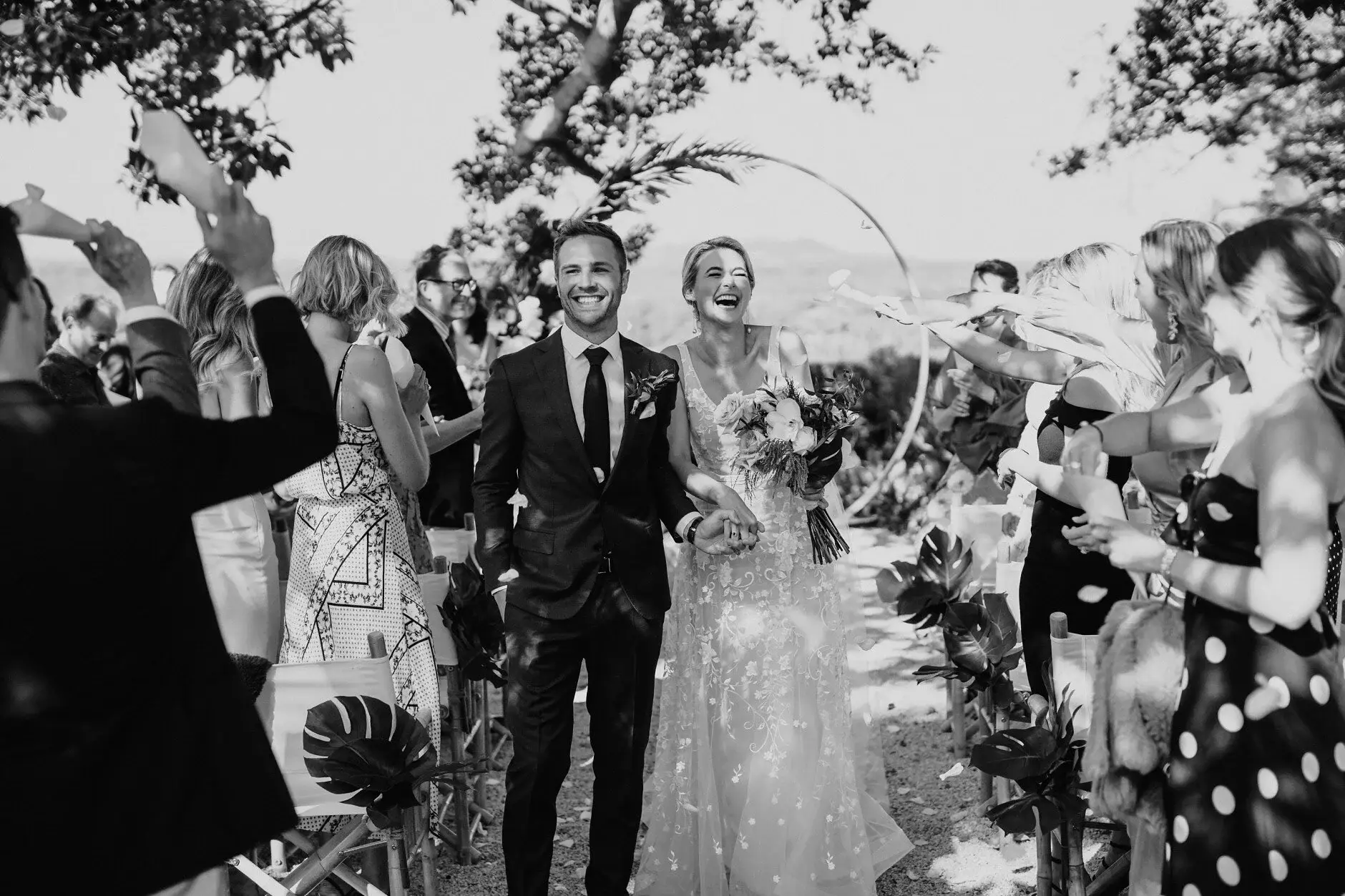 Confetti on the recessional, black and white, Fig Tree Restaurant